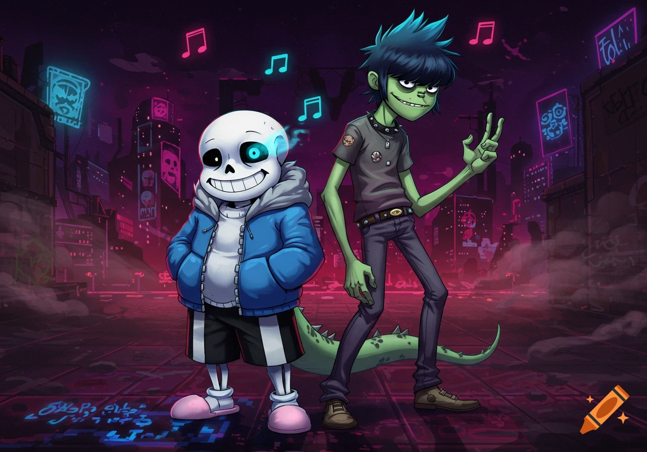 Sans from Undertale and Murdoc from Gorillaz stand side-by-side in a neon-lit cyberpunk city at night, in a stylized cartoon art style.