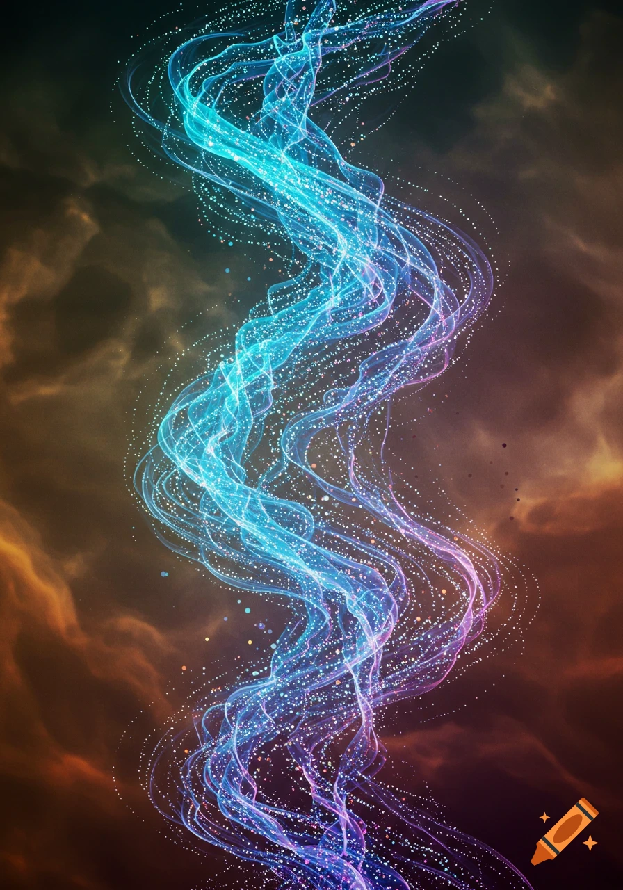 A vibrant blue and purple glowing abstract swirl of light and particles against a dark, cloudy background.
