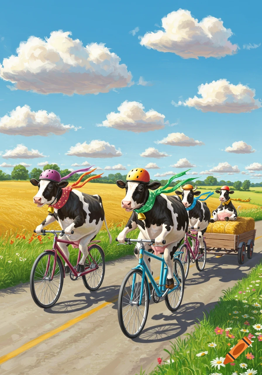 Whimsical illustration of cows wearing helmets and scarves riding bicycles on a road, with one cow pulling another in a trailer through a sunny rural landscape.