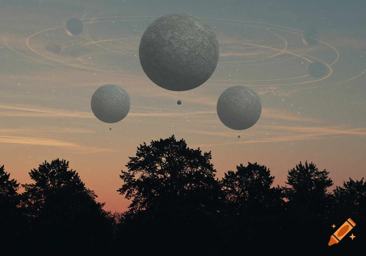 Three large, textured, gray spheres float in a twilight sky over silhouetted trees. Faint rings and smaller celestial bodies are visible in the background sky.