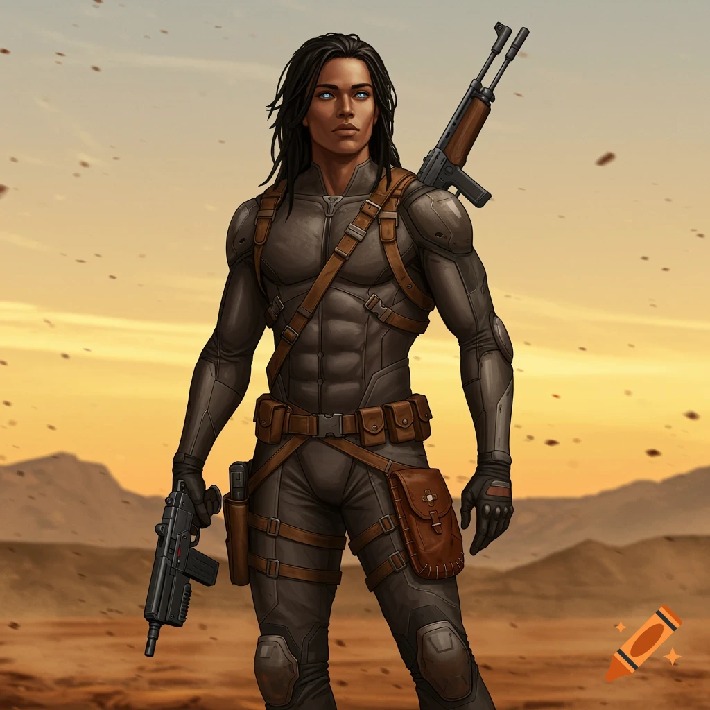 A stylized digital art portrait of a dark-skinned warrior with long black hair and blue eyes, wearing black armored tactical gear, holding a submachine gun, and carrying a rifle on their back in a desert landscape.