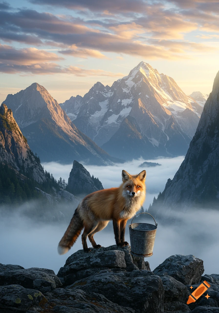 A photorealistic image of a red fox standing on rocks with a metal bucket, overlooking a vast mountain range with mist in the valleys at sunrise.