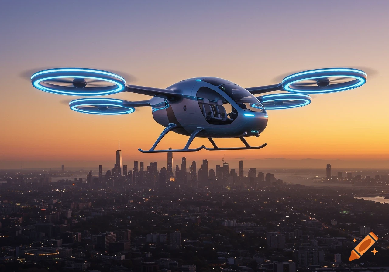 A futuristic air taxi, a small drone-like vehicle with glowing blue propellers, hovers above a sprawling city skyline at sunset.