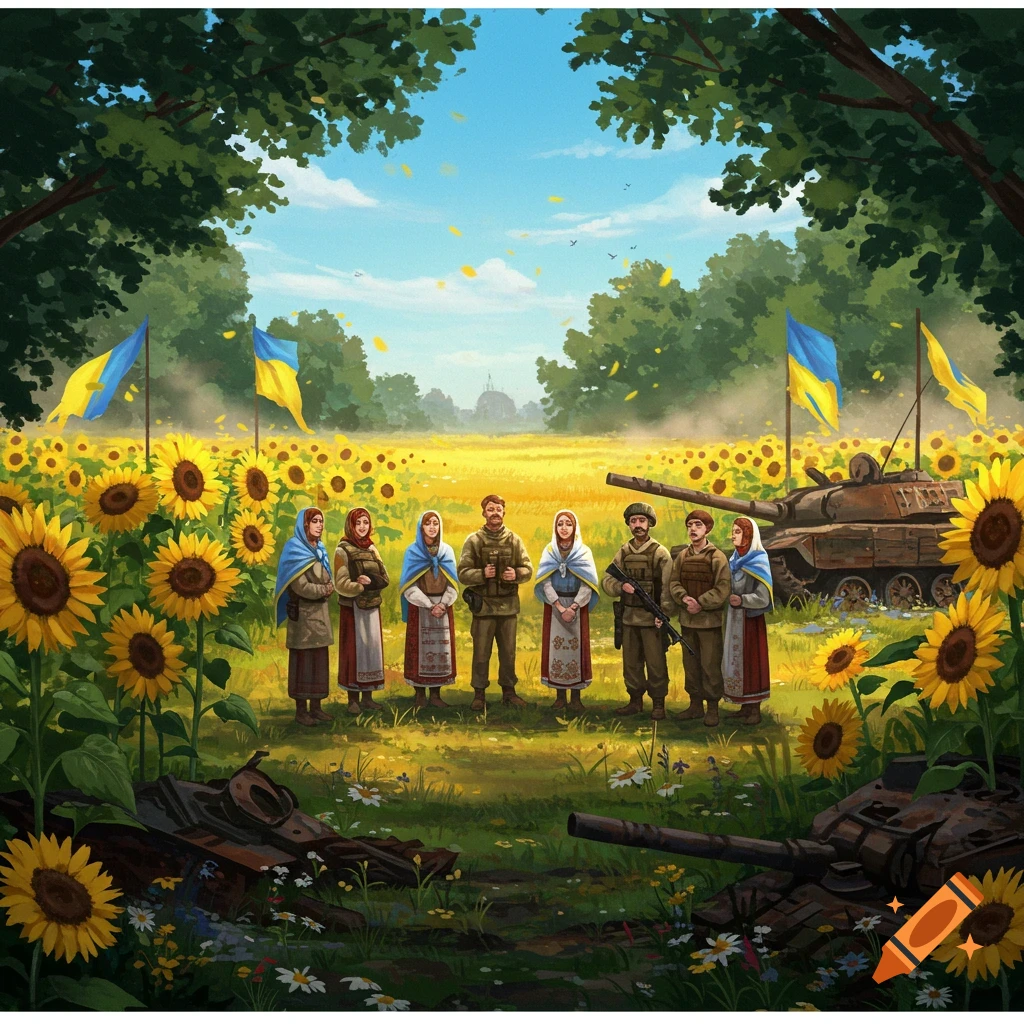 An illustration of Ukrainian soldiers and civilians standing in a sunflower field with Ukrainian flags and destroyed tanks.