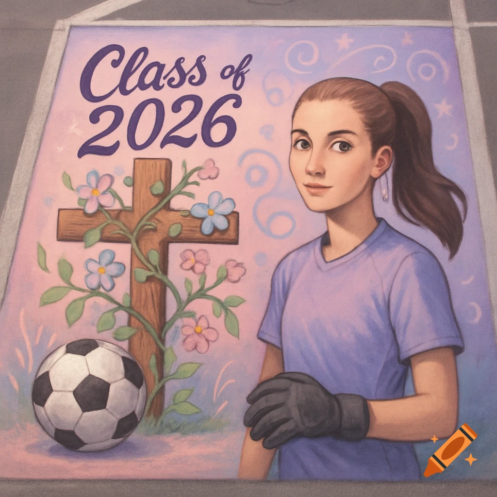 Chalk art on pavement showing a girl in a goalkeeper uniform, a soccer ball, a cross with vines, and the text 'Class of 2026'.