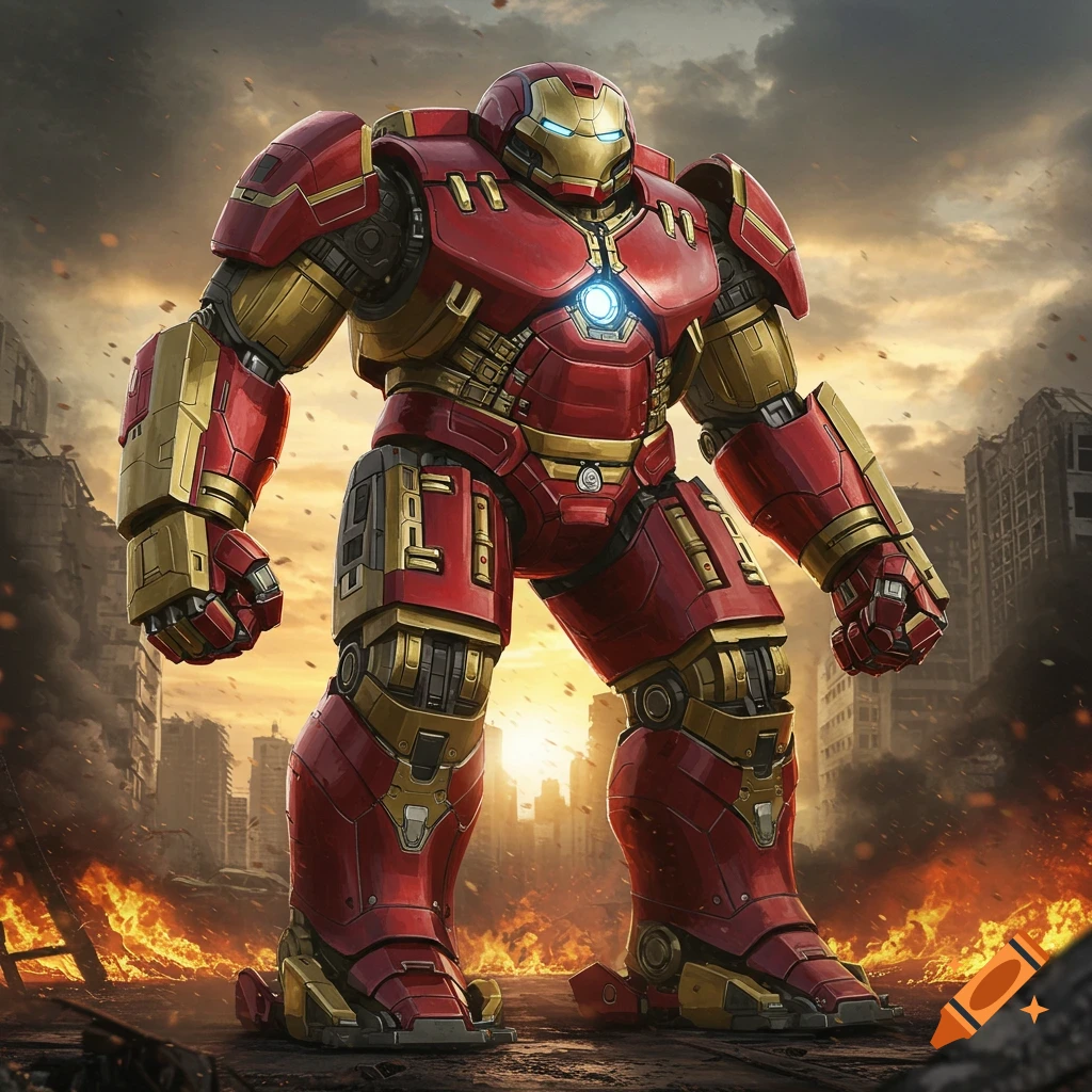 The mighty red and gold Hulkbuster armor stands in a ruined city at sunset with fires burning.