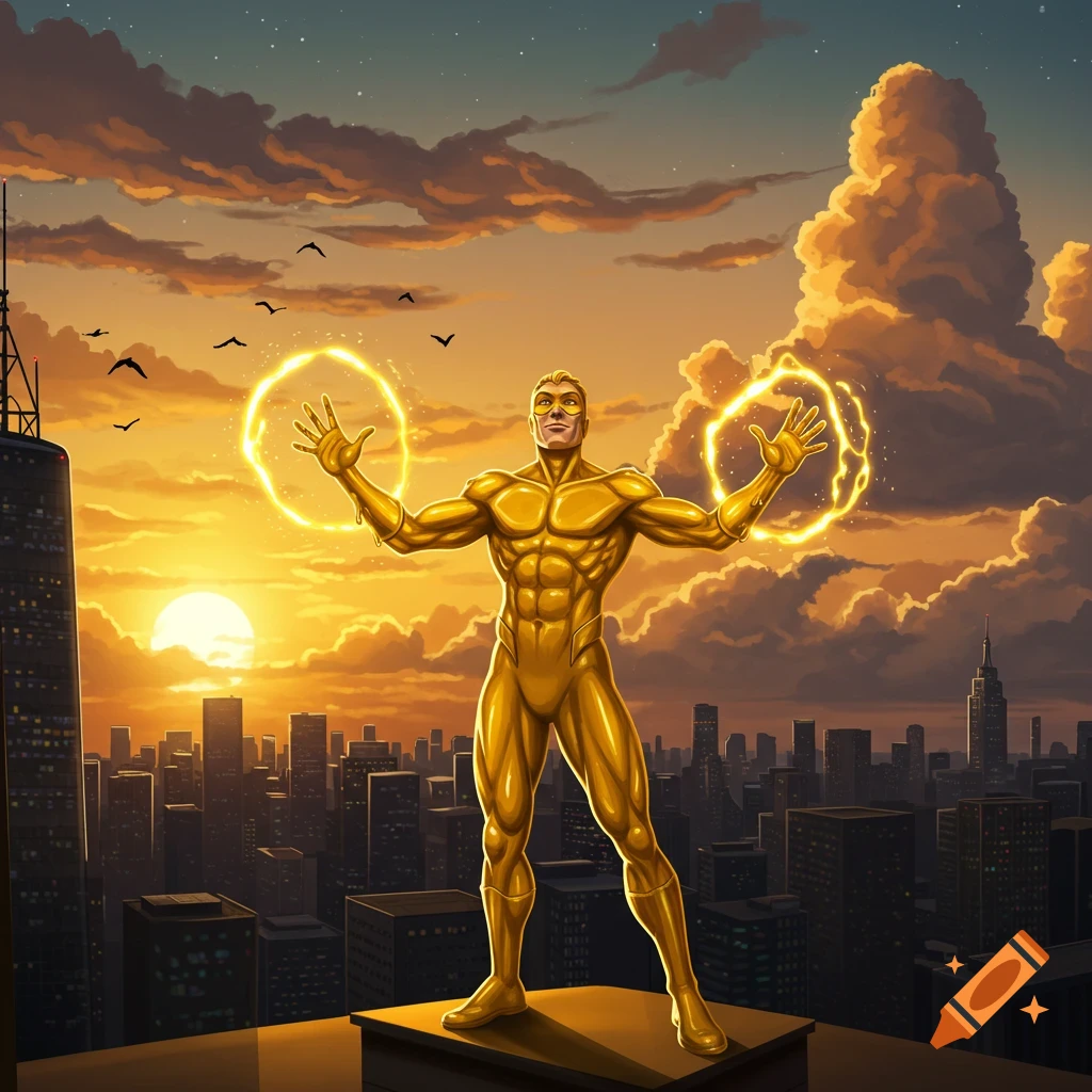 A golden-suited superhero stands on a rooftop at sunset, holding glowing energy rings over a city skyline.