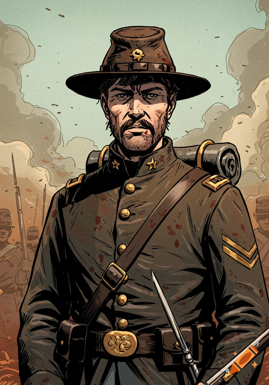 Detailed comic book illustration of a stern Civil War soldier with a bayonet, on a smoky battlefield.