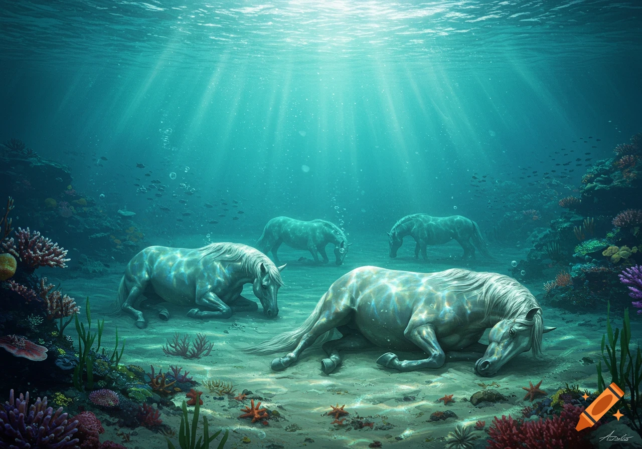 Four serene, ethereal horses rest on the coral-filled ocean floor, bathed in shimmering sunlit water.