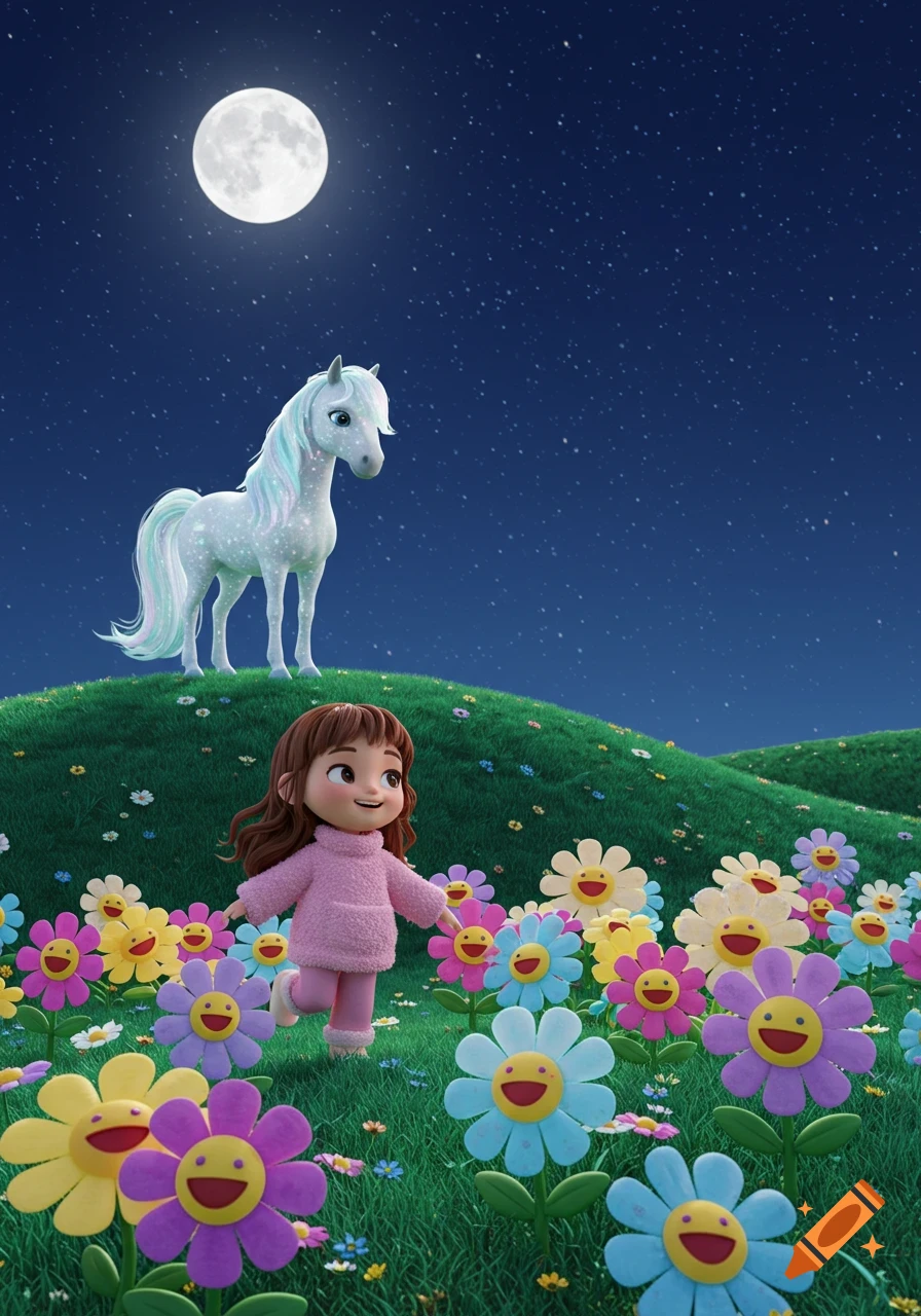 Pixar-style cartoon of a girl dancing among smiling flowers and a shimmering pony on a hill under a starry moonlit sky.