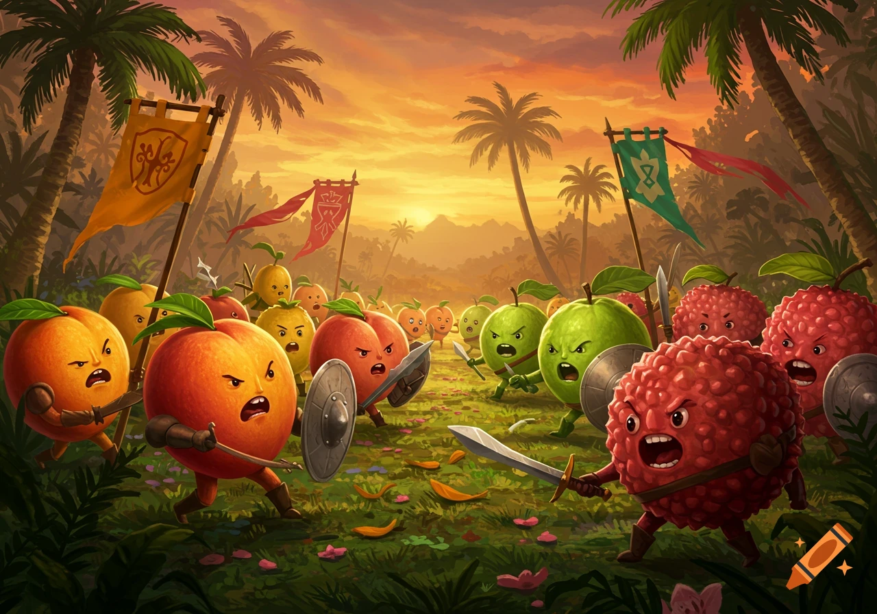 Cartoon fantasy battle of anthropomorphic peaches and mangoes fighting guavas and lychees with swords and shields in a jungle at sunset.