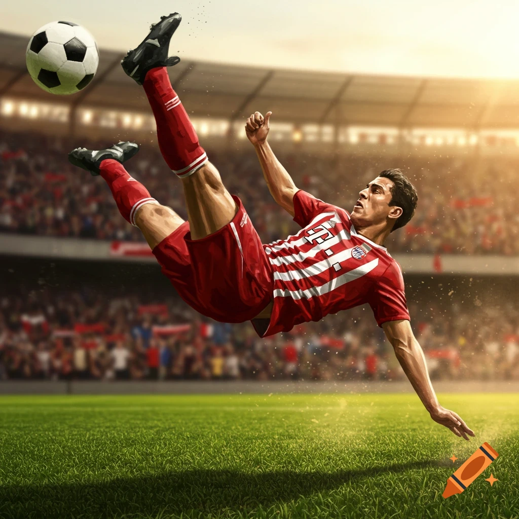 A male soccer player in a red and white jersey performs a bicycle kick, striking a soccer ball in a stadium.