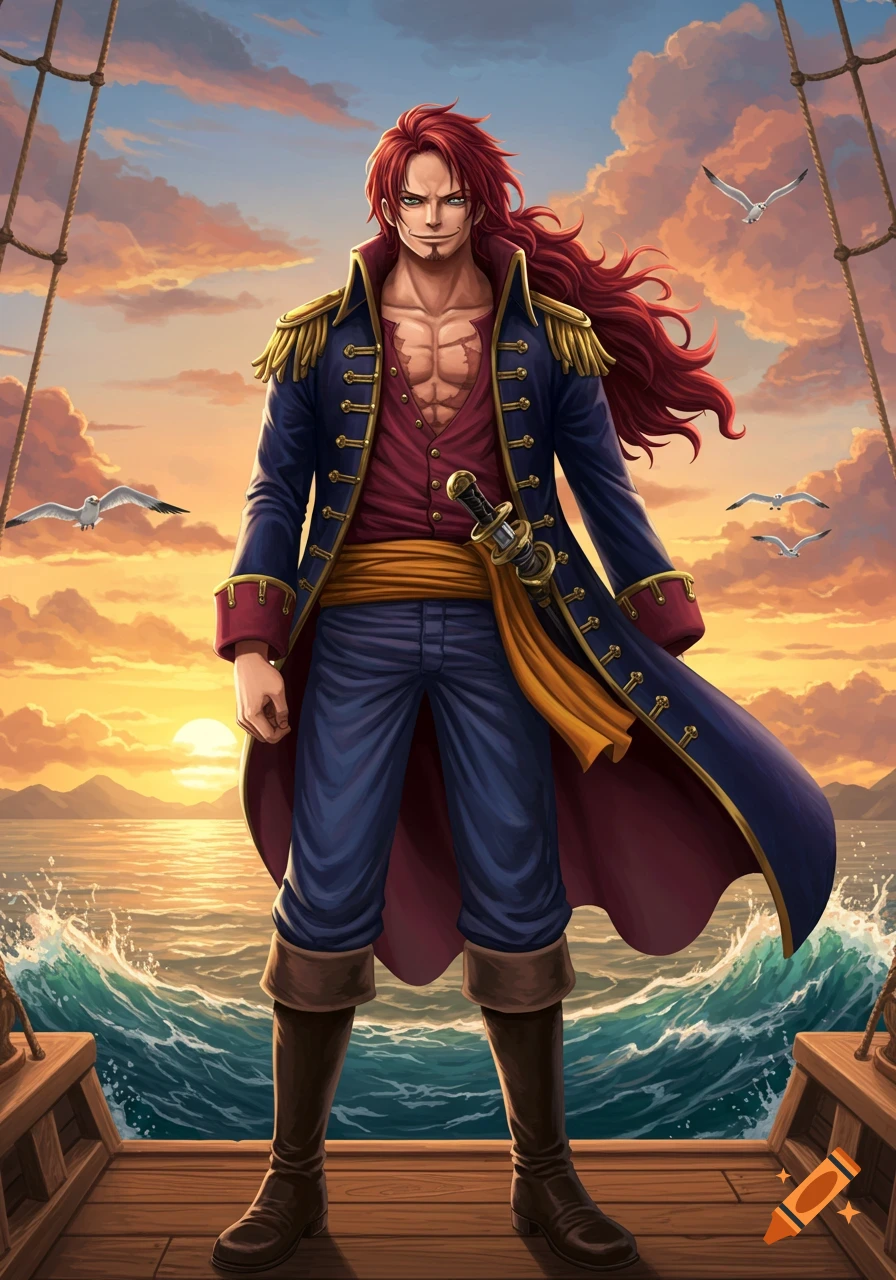 A tall, red-haired man in a pirate coat stands on a ship deck at sunset, with waves and gulls, in an anime style.
