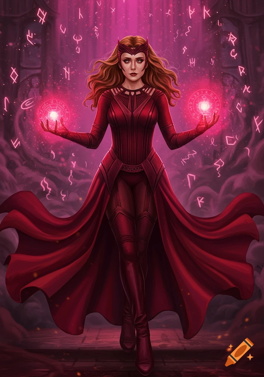 Scarlet Witch in a red outfit stands with glowing red orbs, surrounded by floating runes and pink magical energy in a stylized art style.
