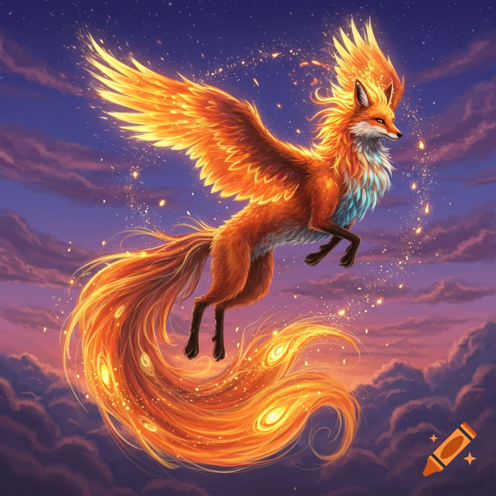 A fiery orange fox-like phoenix with large wings and a long, glowing tail flies through a cloudy, starry night sky.