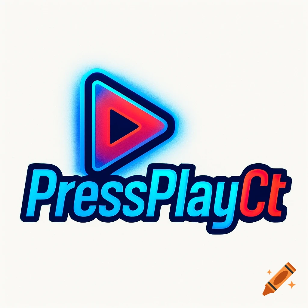 A colorful digital logo with a red and blue glowing play button icon above the text 'PressPlayCt' with blue and red lettering.