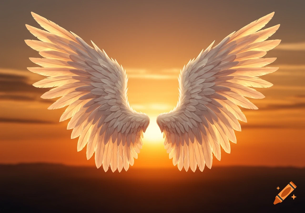 A pair of pure white feathered angel wings, backlit by a warm orange sunset glow with mountains in the distance.