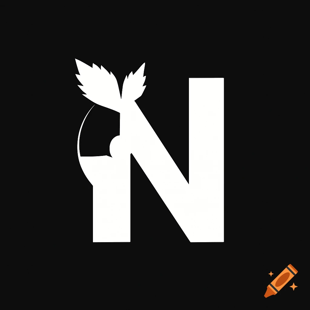 White abstract logo of the letter N combined with a record and two spikey leaves on a black background.
