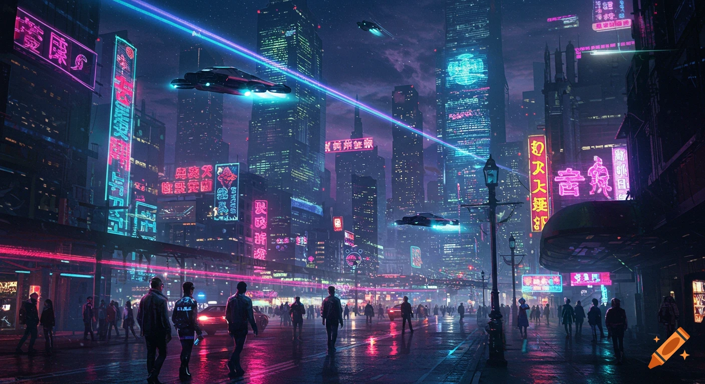 A neon-lit futuristic cityscape at night with towering skyscrapers, flying cars, and people on a wet street, in the style of Blade Runner.