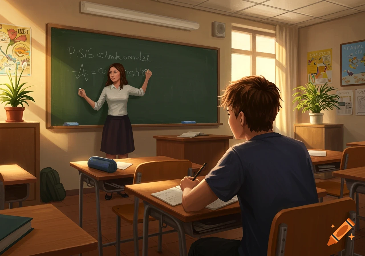 An illustrated classroom scene with a female teacher writing on a blackboard and a male student sitting at a desk, taking notes.