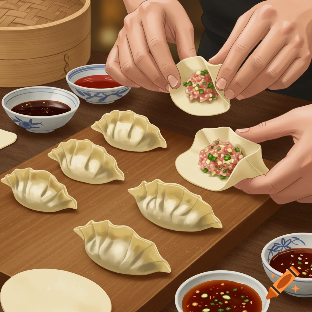 Two hands fold gyoza dumplings on a wooden board next to bowls of sauce and a steamer, in an illustrative style.