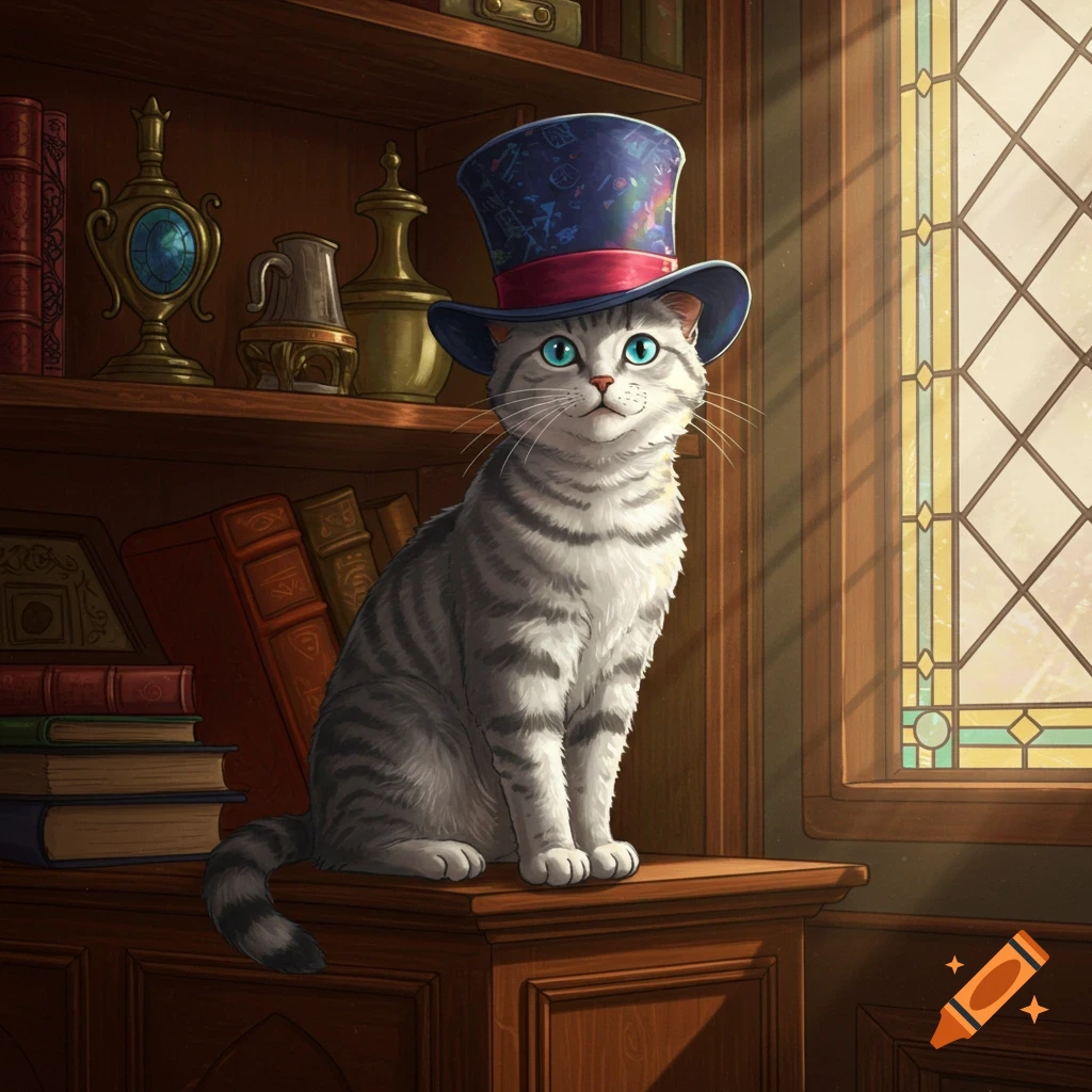A grey tabby cat with bright blue eyes wears a decorated blue top hat, sitting on a wooden desk next to a bookshelf and a stained-glass window.