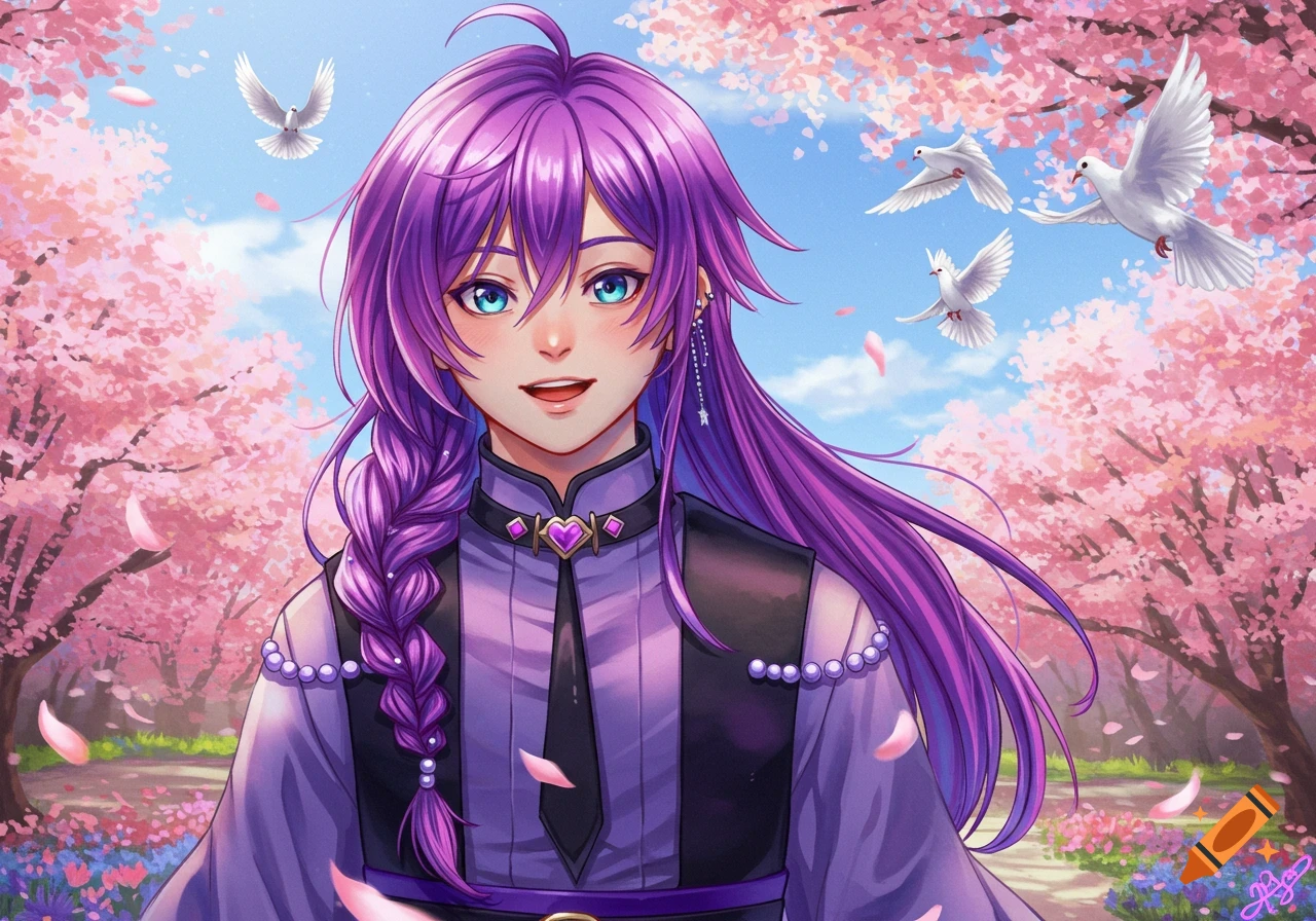 An anime-style character with long purple hair and blue eyes smiles in a vibrant cherry blossom path with doves flying around. The character wears a purple and black outfit with a heart-shaped pendant.