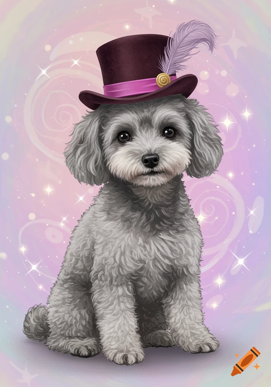 A cute grey schnoodle dog sits, wearing a purple top hat with a pink ribbon and feather, against a pastel magical background.