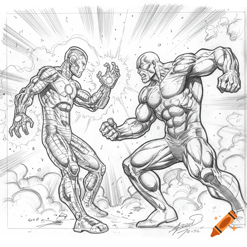 A detailed pencil sketch of two comic book superheroes, resembling Iron Man and Hulk, in a dynamic battle stance with energy blasts.