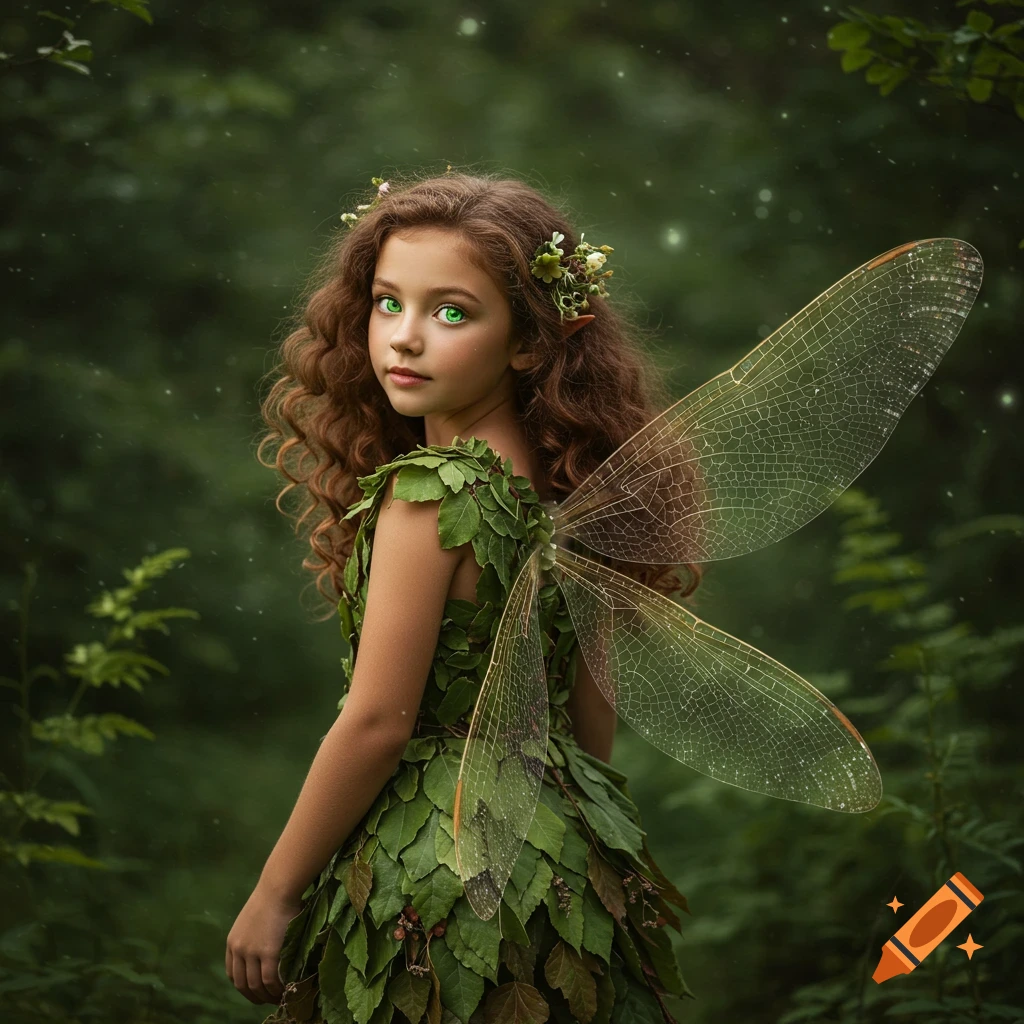 A young girl with long curly brown hair and bright green eyes, dressed in a leafy green dress and large, translucent dragonfly wings, looks over her shoulder in a soft-focus forest.