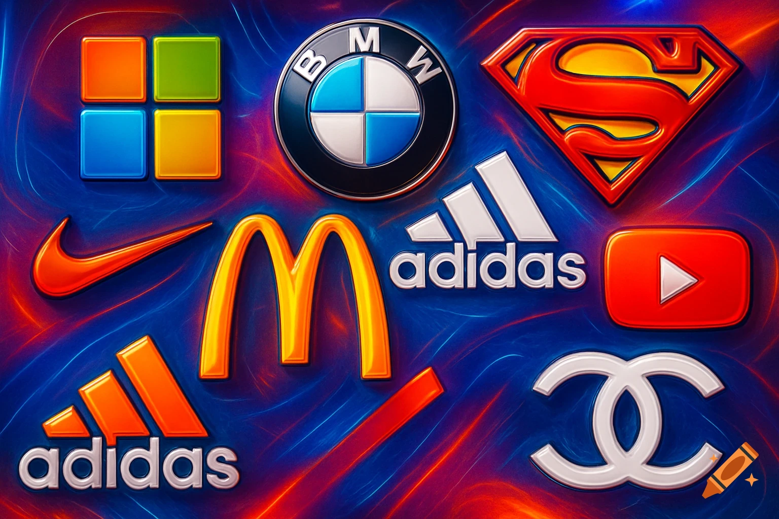 A vibrant collage of glossy, embossed brand logos including Microsoft, BMW, Superman, Adidas, YouTube, Nike, McDonald's, and Chanel on a swirling abstract background.