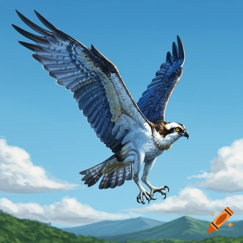 A realistic illustration of an osprey in flight with wings spread against a blue sky with clouds and green mountains below.