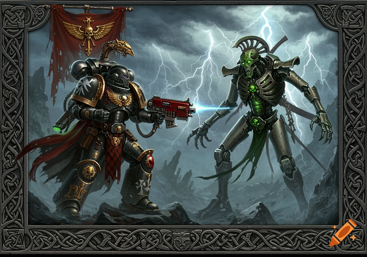 A black and gold Space Marine battles a green and grey Necron in a stormy, rocky landscape with lightning, framed by Celtic knotwork.