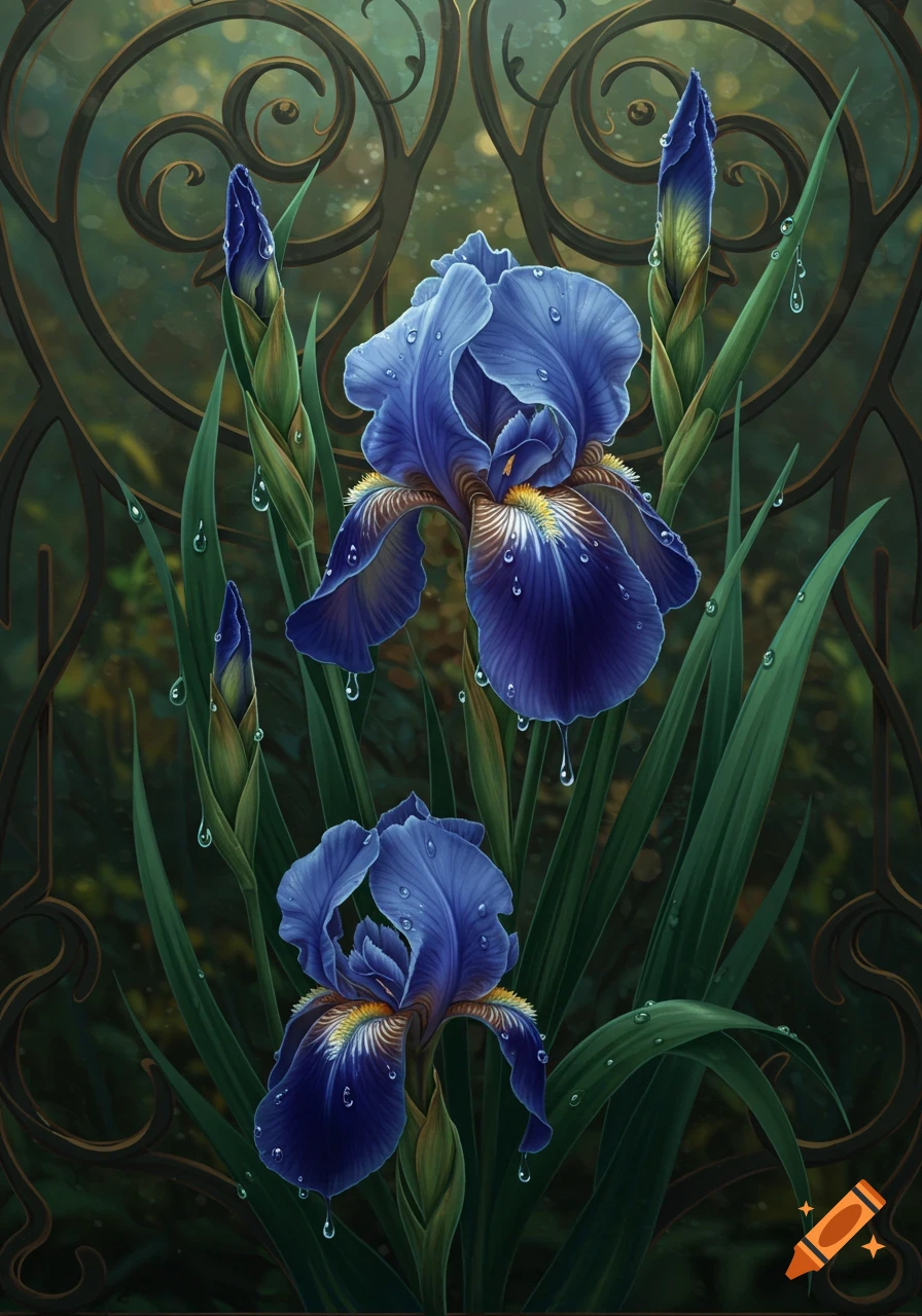 Vibrant blue irises with water droplets and green leaves in an Art Nouveau style, against a decorative metal gate background.