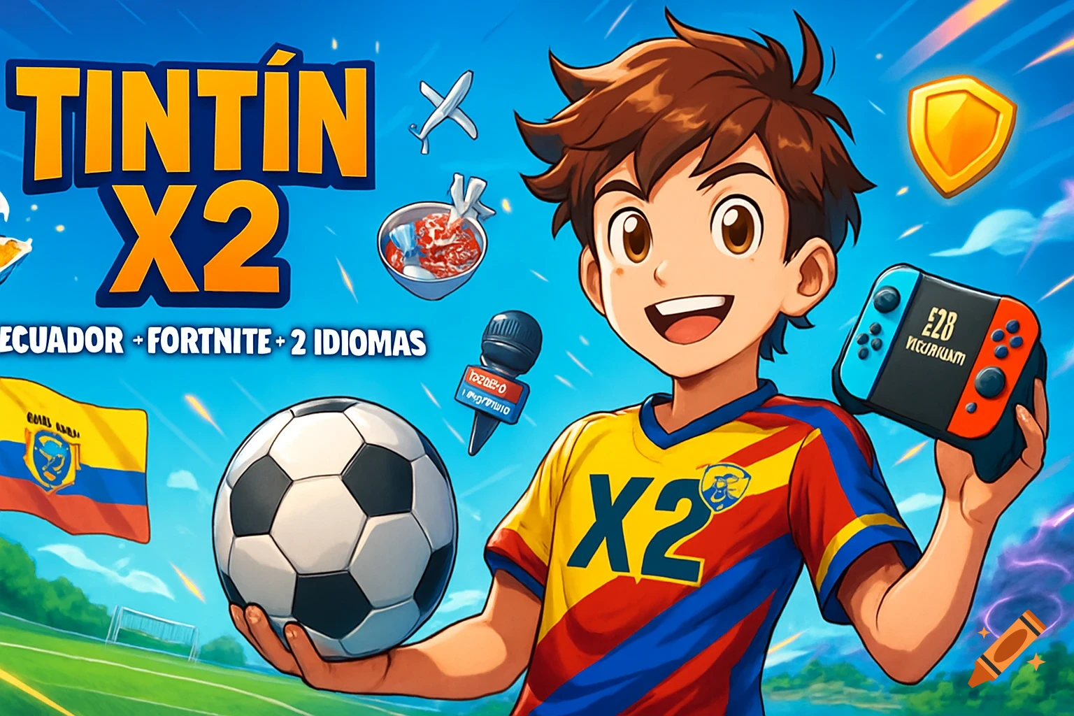 A vibrant anime-style banner featuring a smiling Ecuadorian boy in a soccer uniform holding a soccer ball and a Nintendo Switch controller. Text reads "TINTÍN X2" and "ECUADOR + FORTNITE + 2 IDIOMAS". Various icons float around him.