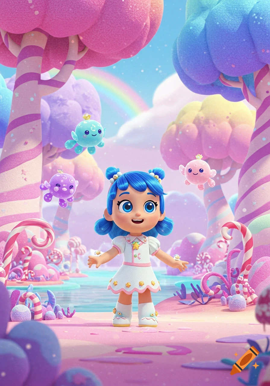 A cheerful blue-haired cartoon girl in a white dress stands in a vibrant candy kingdom with candy cane trees, a rainbow, and floating colorful creatures.