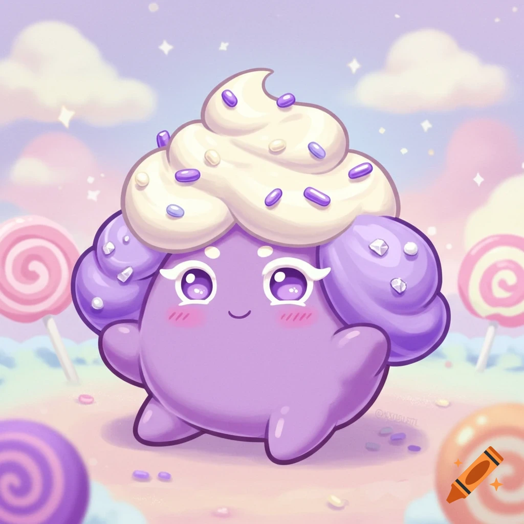 Cute purple creature with whipped cream and sprinkles on its head in a pastel candy landscape with lollipops.