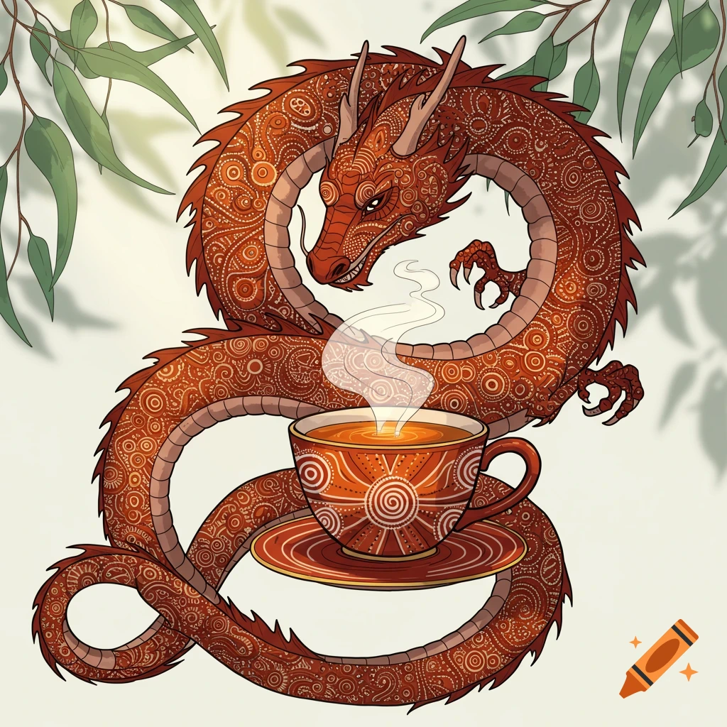 A red dragon with intricate patterns in the style of Aboriginal art is curled around a steaming teacup with matching designs. Leaves are in the background.