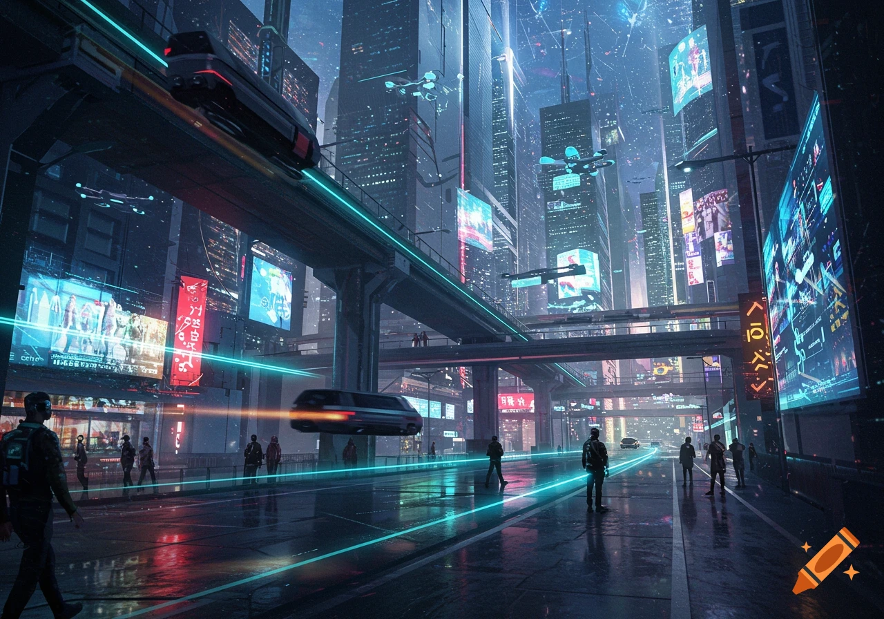 A bustling futuristic city at night, with towering skyscrapers, elevated train tracks, flying vehicles, and neon lights reflecting on wet streets.