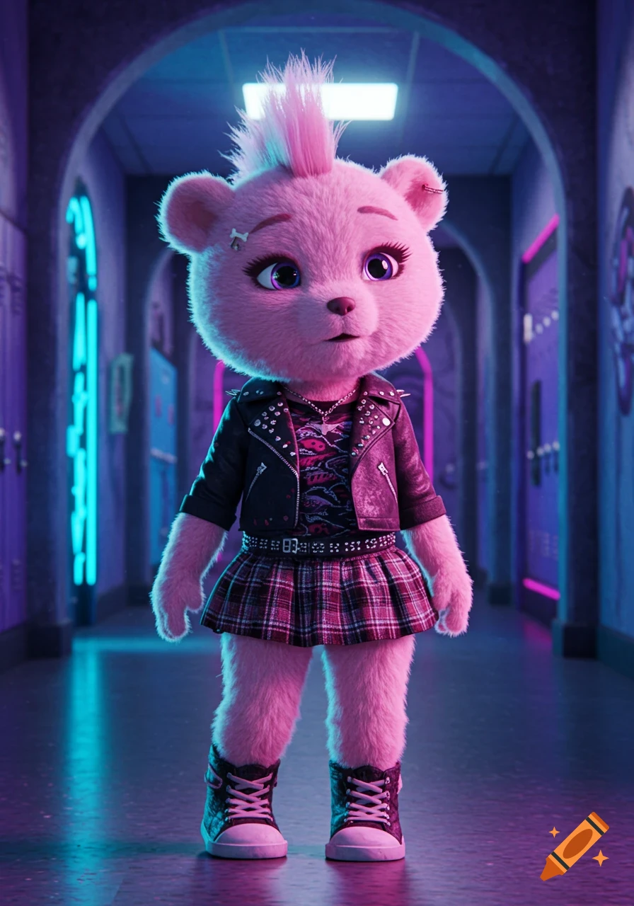 A light pink teddy bear character with a pink mohawk, wearing a punk rock outfit in a school hallway with neon lights.