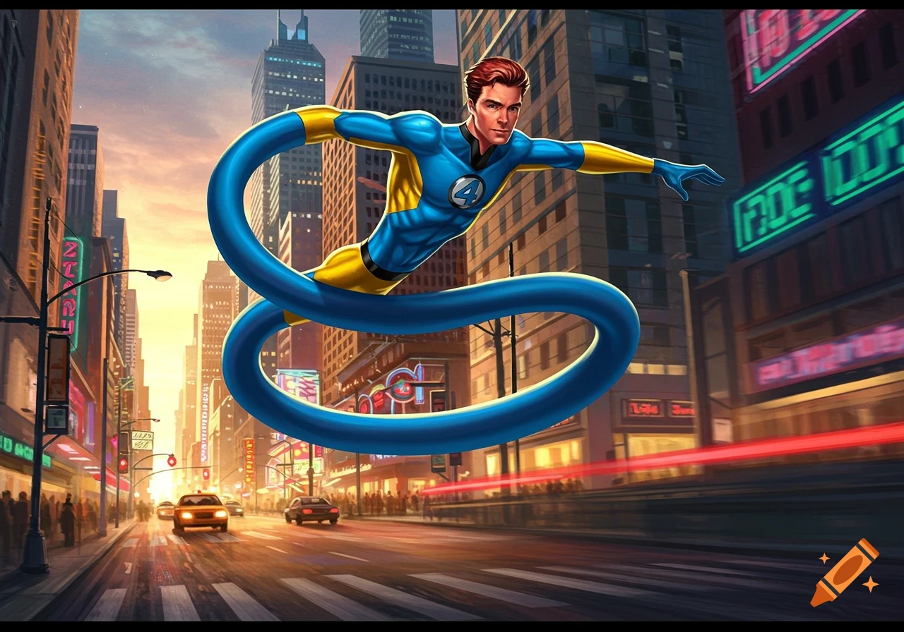 Reed Richards, also known as Mr. Fantastic, stretches his body while floating above a busy city street at sunset.