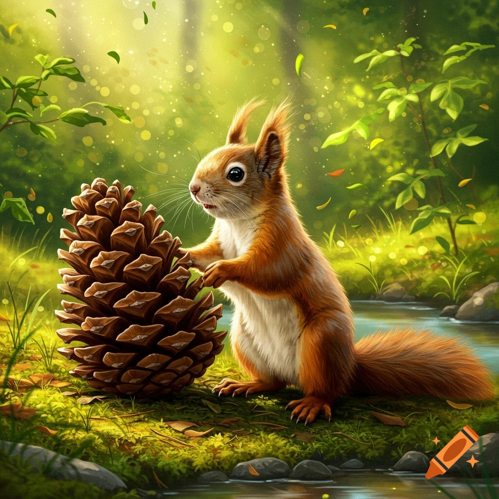 A cute squirrel leans against a large pinecone in a sun-dappled forest with a stream.