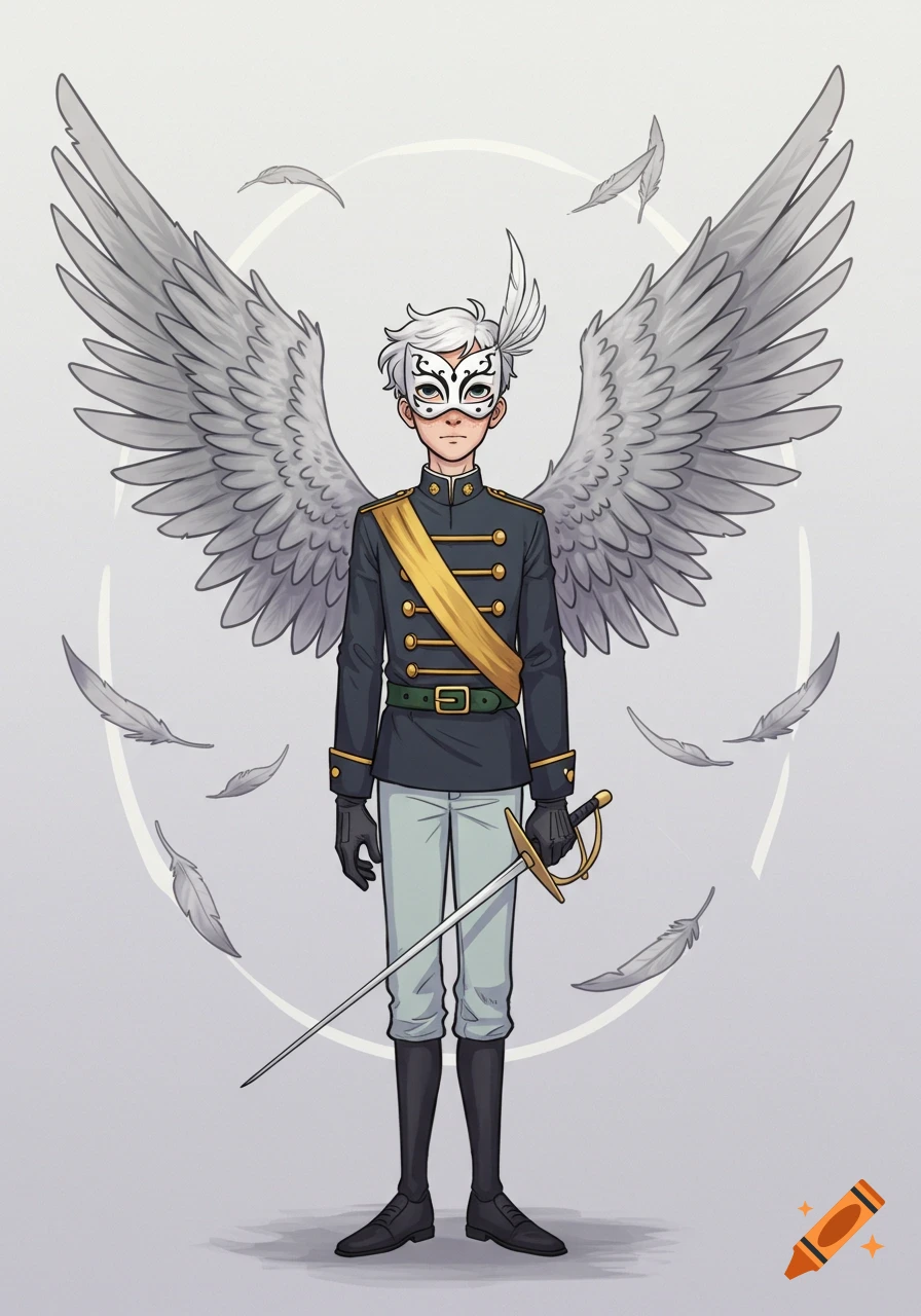 A stylized cartoon of a white-haired young man with gray feathered wings, wearing a dark military uniform, white mask, and holding a rapier.