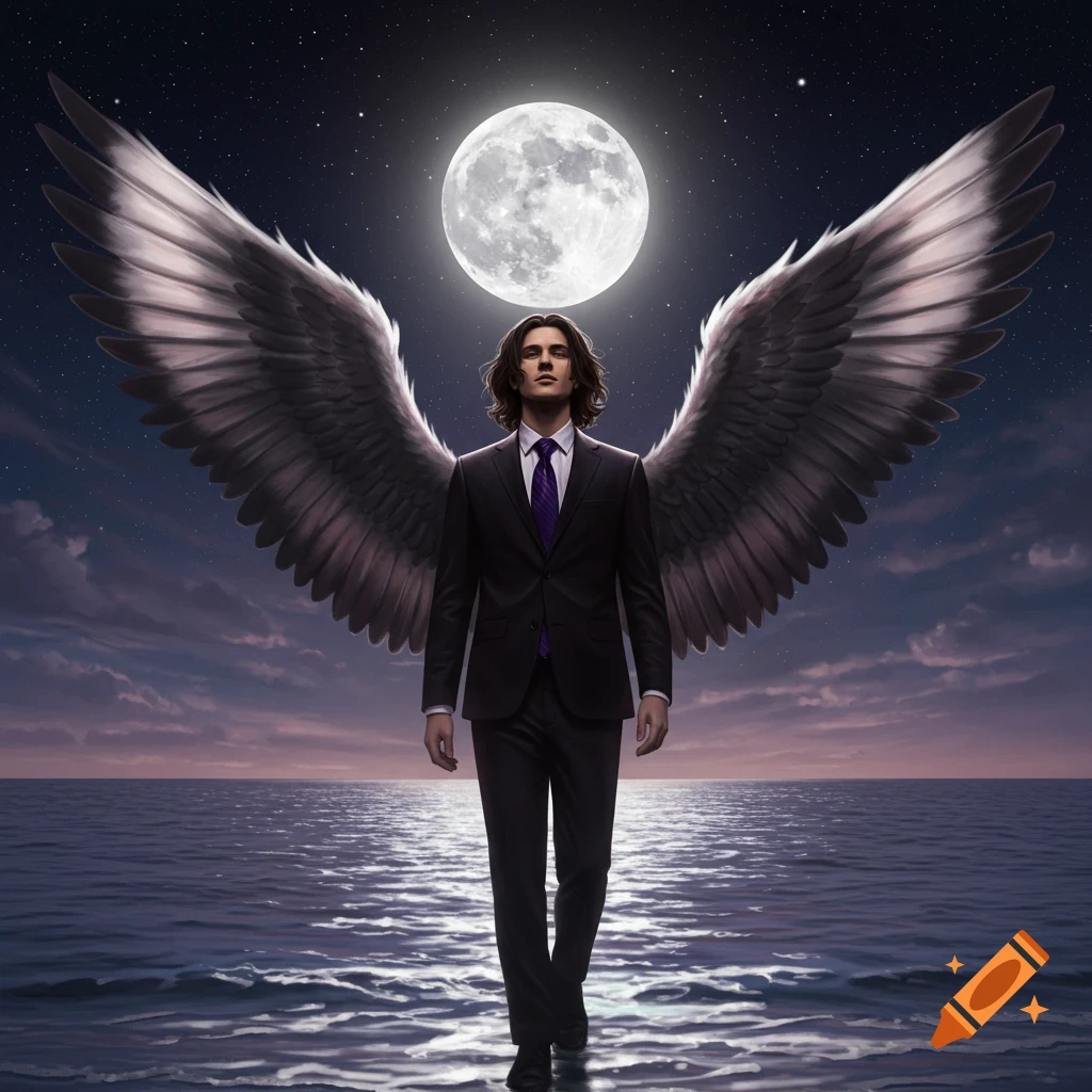 A man with large dark wings and a suit stands in water under a bright full moon at night.