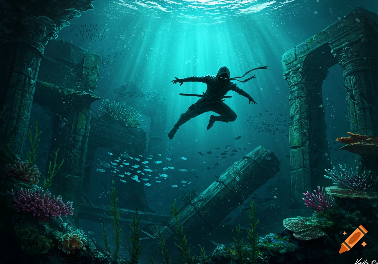 A ninja in a black suit with glowing white eyes swims underwater amidst ancient, overgrown ruins with schools of fish.