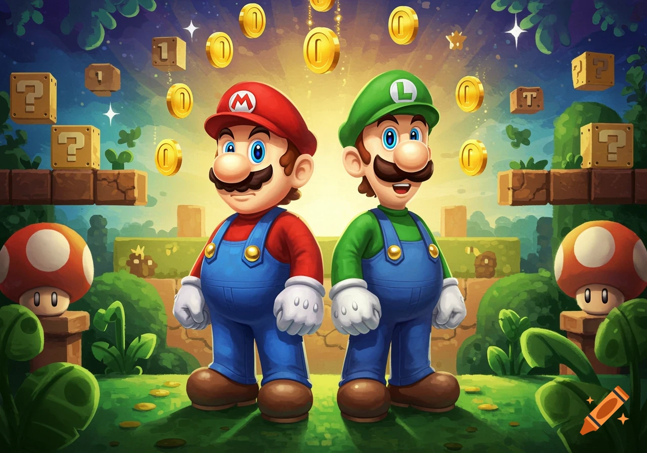 Mario and Luigi stand side-by-side in a vibrant Super Mario Bros. world, surrounded by coins, question blocks, and mushrooms.