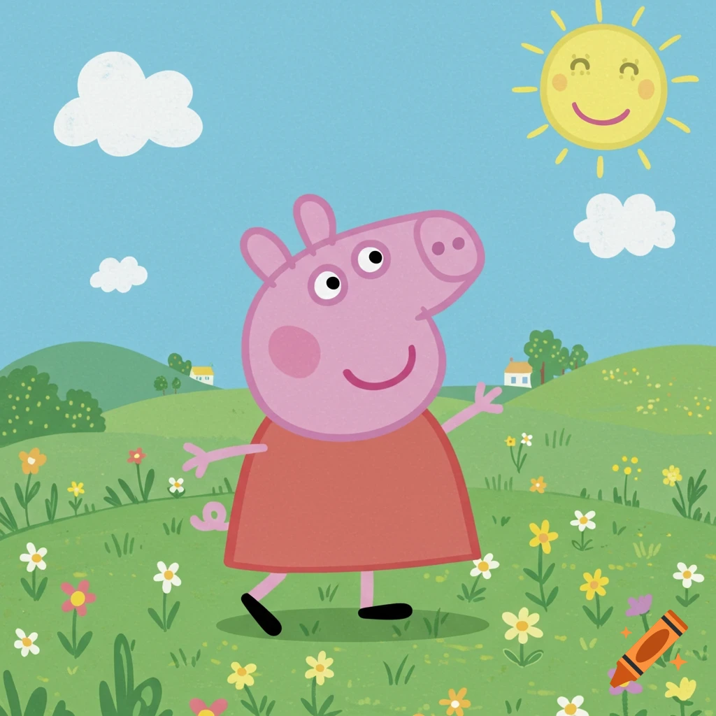 Peppa Pig, a pink cartoon pig, walks in a sunny green field with colorful flowers under a blue sky and smiling sun.