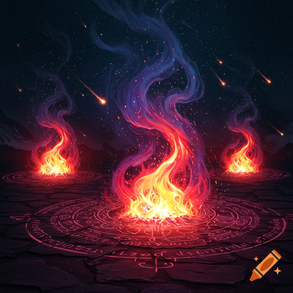 Three vibrant mythical fires with colorful smoke and magical glowing red circles on a dark ground under a starry night sky with shooting stars.