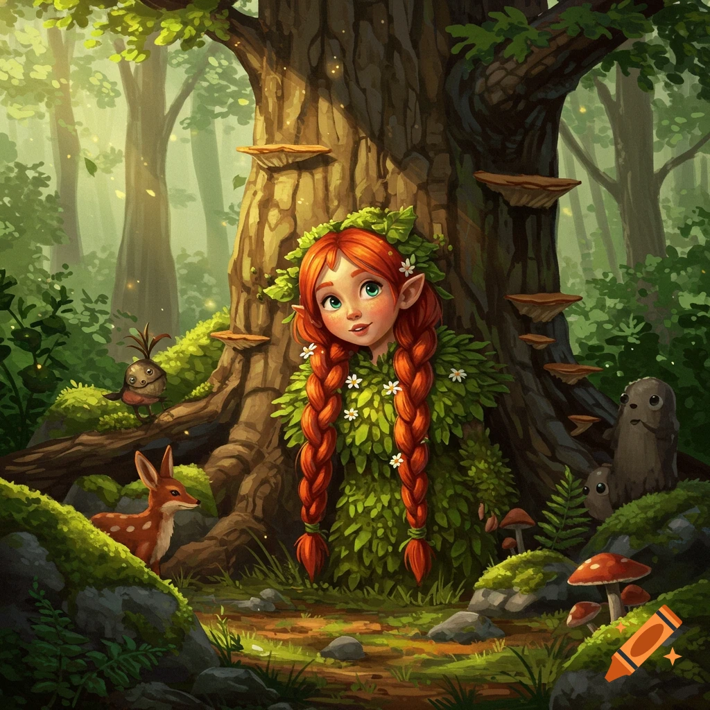 Whimsical illustration of a red-haired forest gnome emerging from a tree in a lush forest, with a fawn and creatures nearby.