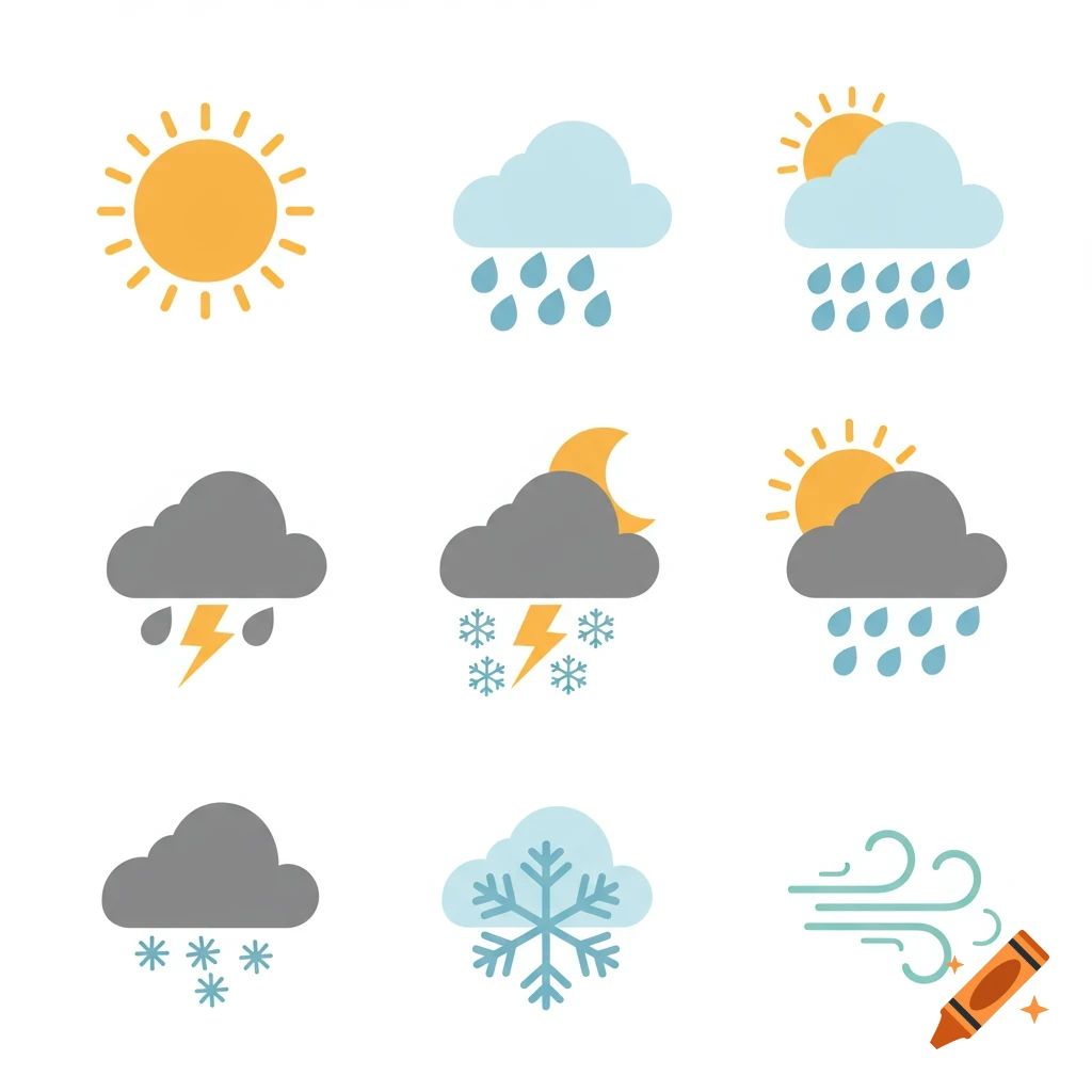 A grid of colorful flat vector weather icons including sun, rain, snow, lightning, and wind.